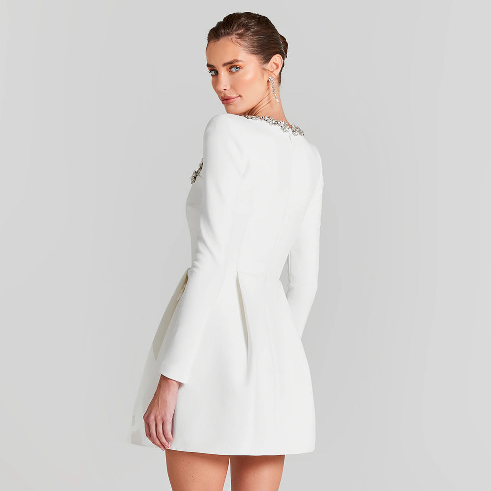Rhinestone Square Neck Long Sleeve Structured A-Line Mini Dress - View 4