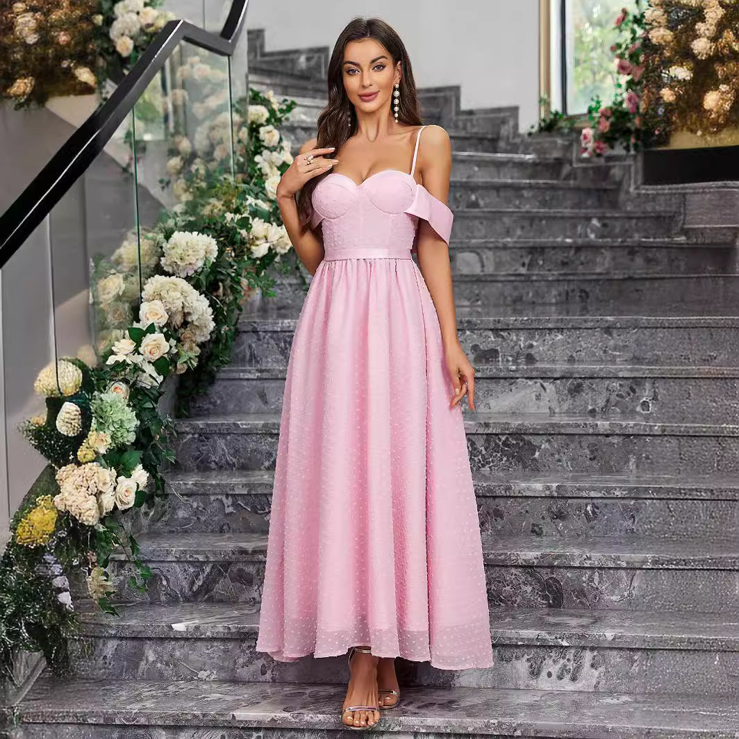 Swiss Dot Sweetheart Bustier Off Shoulder Drape A-Line Maxi Gown - View 4