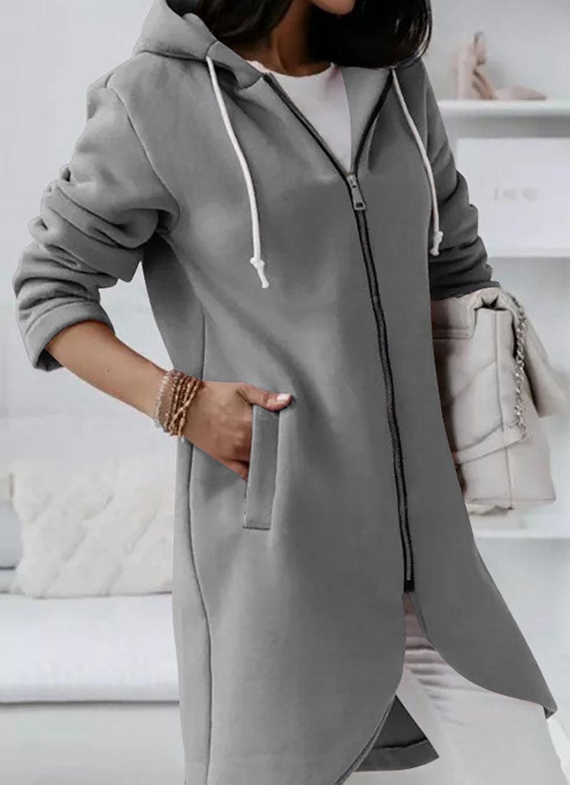 Solid Zipper Drawstring Midi Hooded Jacket for Versatile Style
