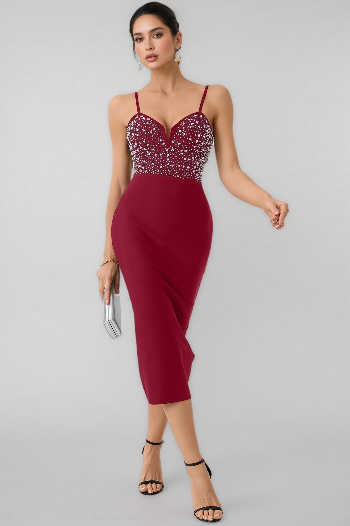 Beaded Sweetheart Cut Out Spaghetti Strap Bodycon Midi Dress - View 2