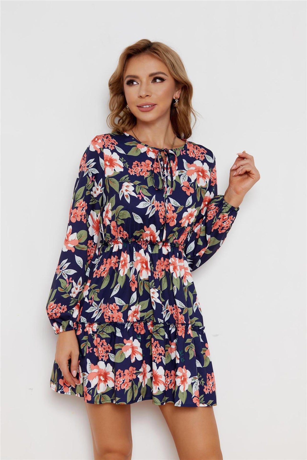 Floral Print Tie Neck Long Sleeve Tiered Mini Dress