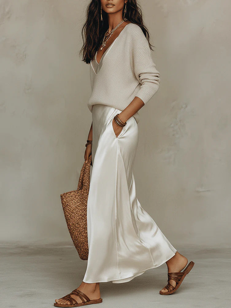 V-Neck Sweater and Satin Slip Maxi Dress Two Piece Set 3