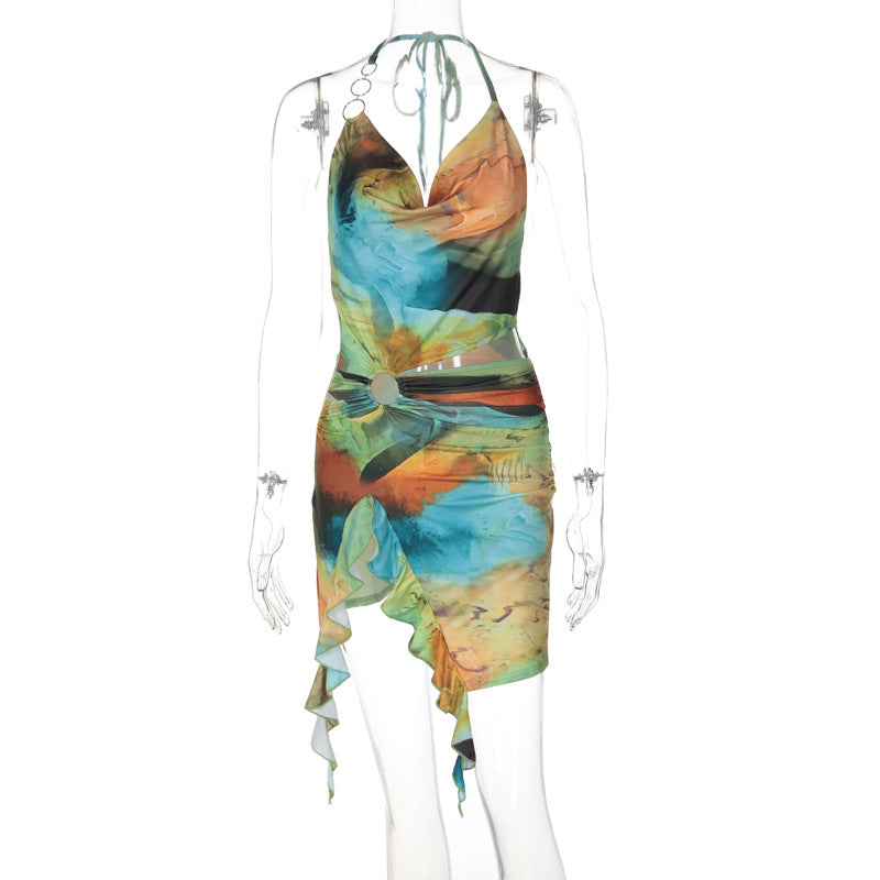 Printing Backless Lace up Dress - View 9