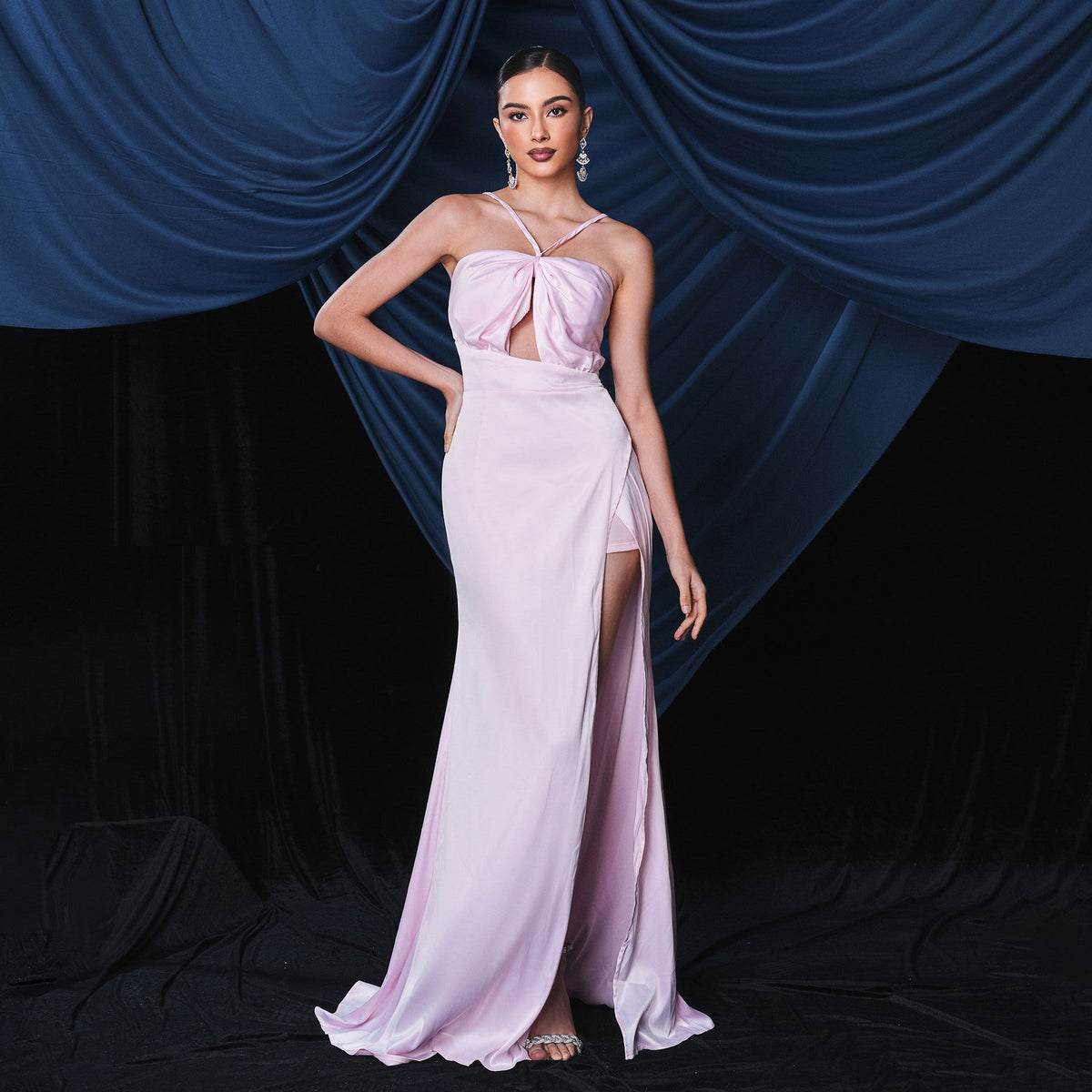 Satin Halter Neck Twist Cut Out High Split Mermaid Maxi Dress
