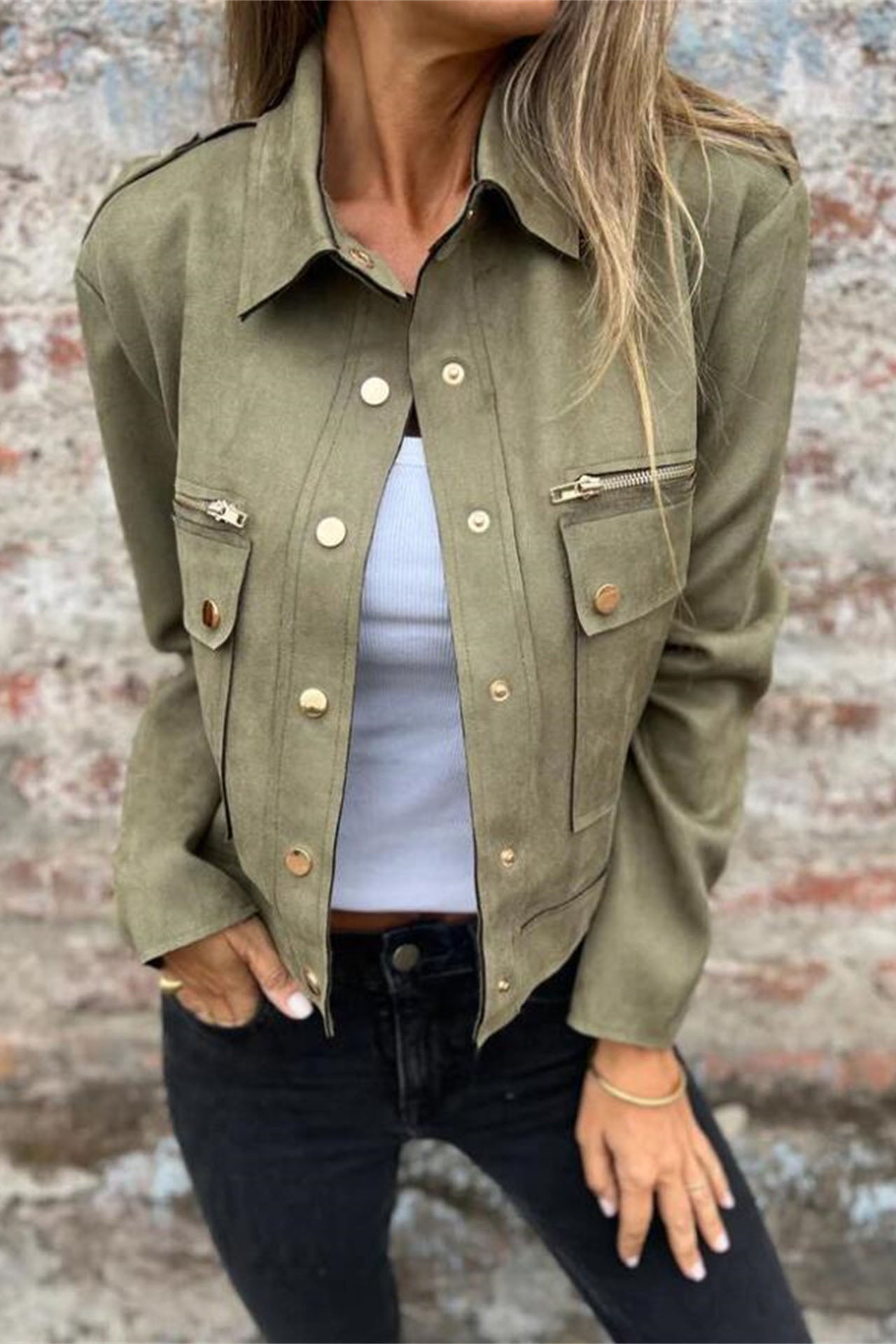 Lapel Long Sleeve Jacket with Metal Zipper for Stylish Comfort