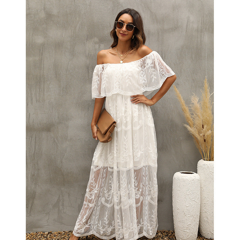 Embroidered Lace Off Shoulder Tiered Maxi Dress
