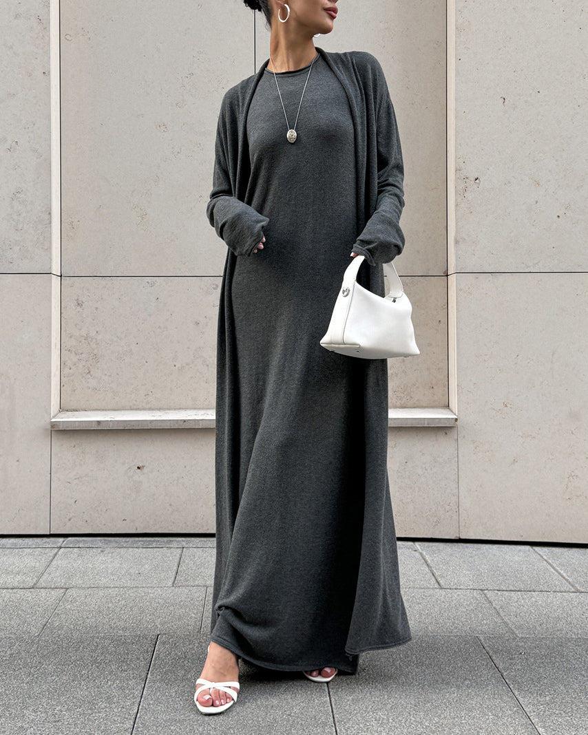 Chic Knitted Long Sleeve Cardigan with Suspender Dress Set