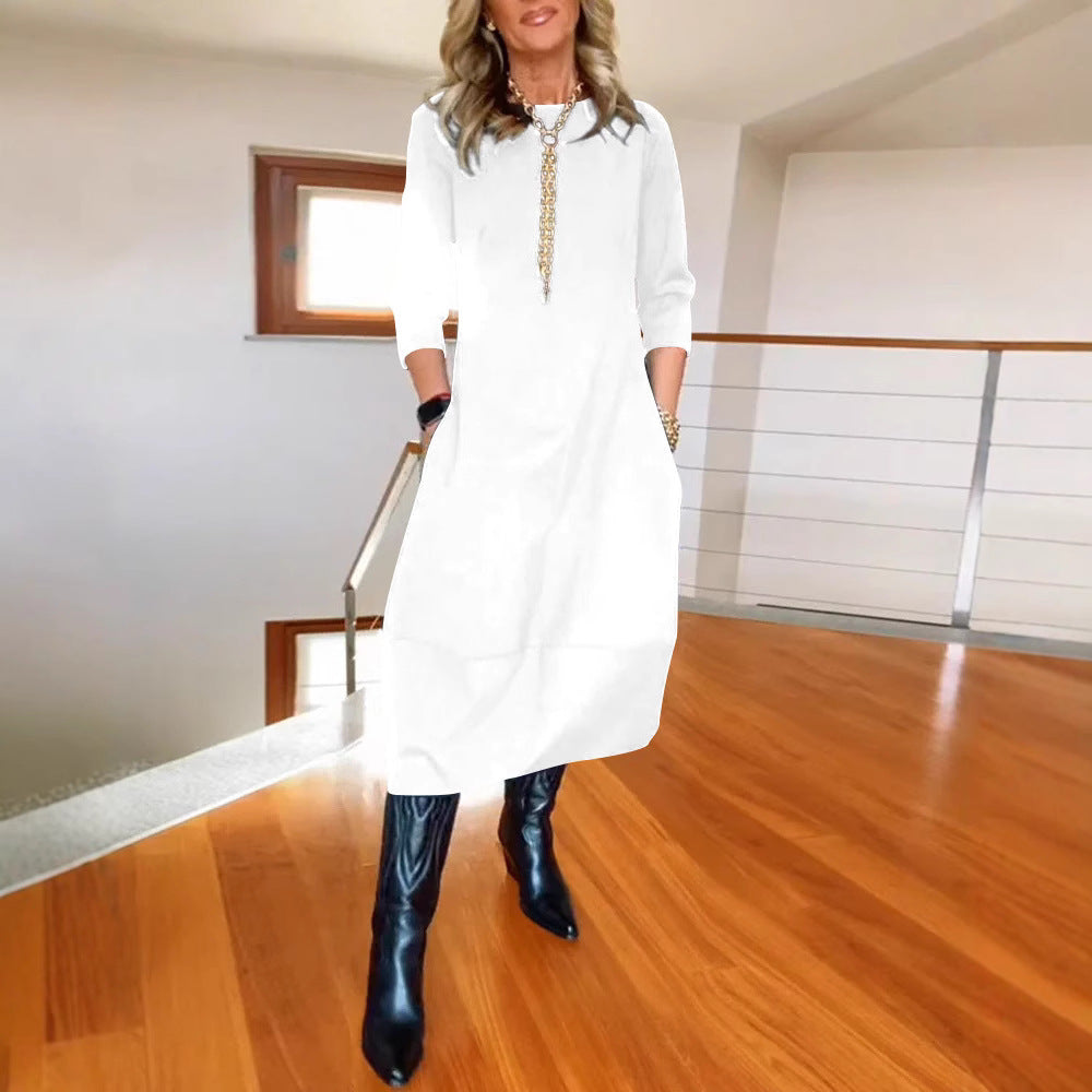 Round Neck Quarter Sleeve Zip Front Sheer Hem Midi Dress 15