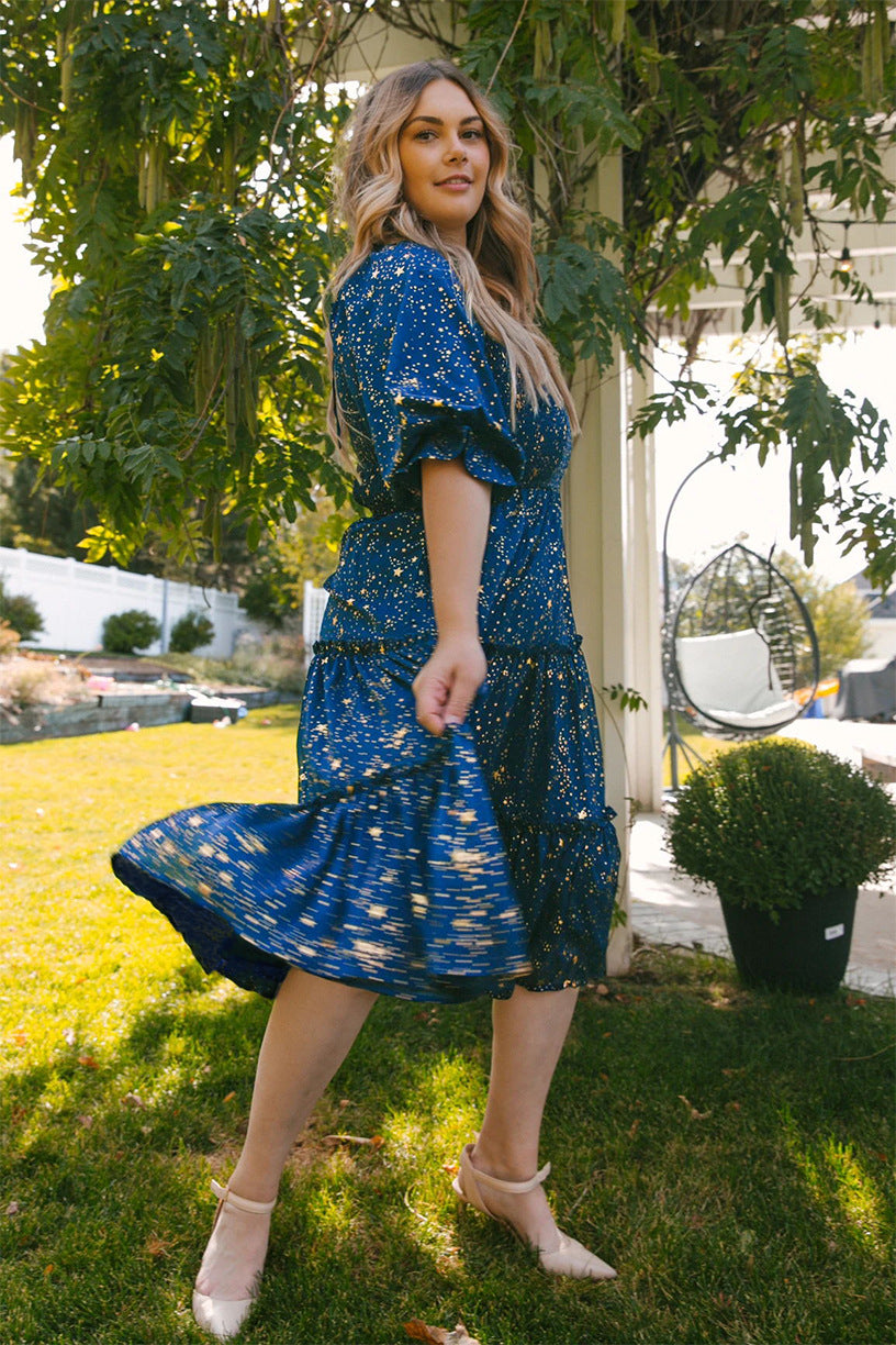 Star Print Square Neck Puff Sleeve Tiered Midi Dress