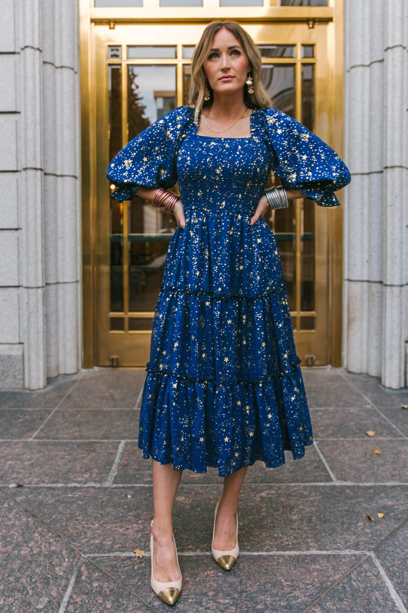 Star Print Square Neck Puff Sleeve Tiered Midi Dress