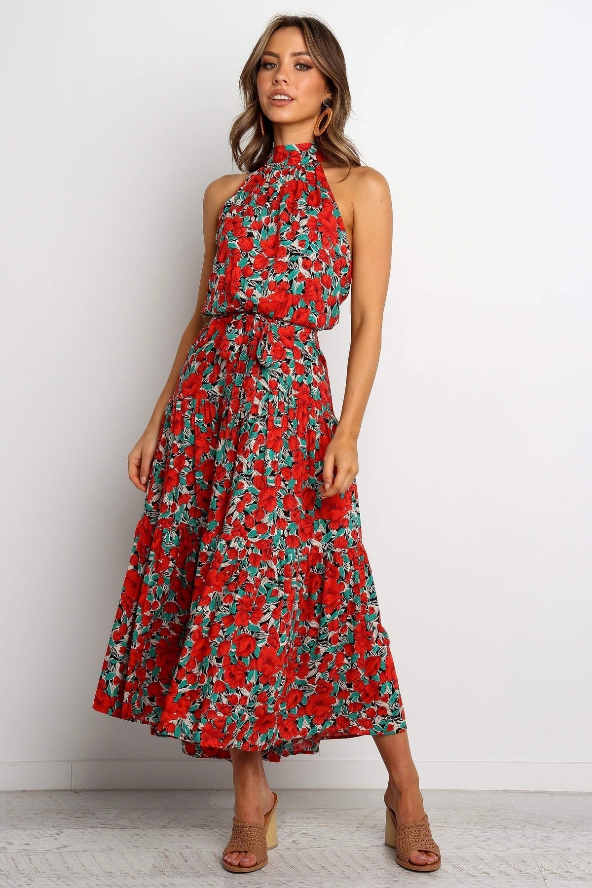 Floral Print Halter Neck Tiered Midi Dress