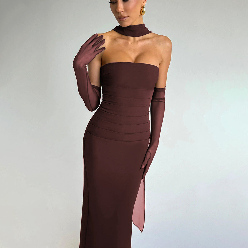 Strapless Choker-Neck Ruched Bodycon Maxi Dress 3
