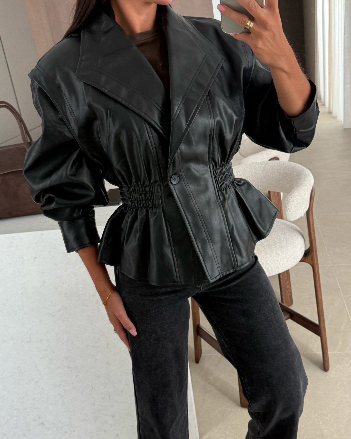 ShoptheCIC Classic Cropped PU Jacket with Stylish Lapel Design