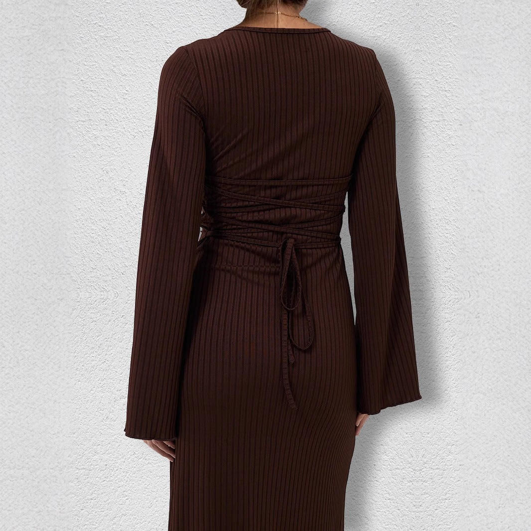 Ribbed Knit Scoop Neck Bell Sleeve Bodycon Maxi Dress - View 2
