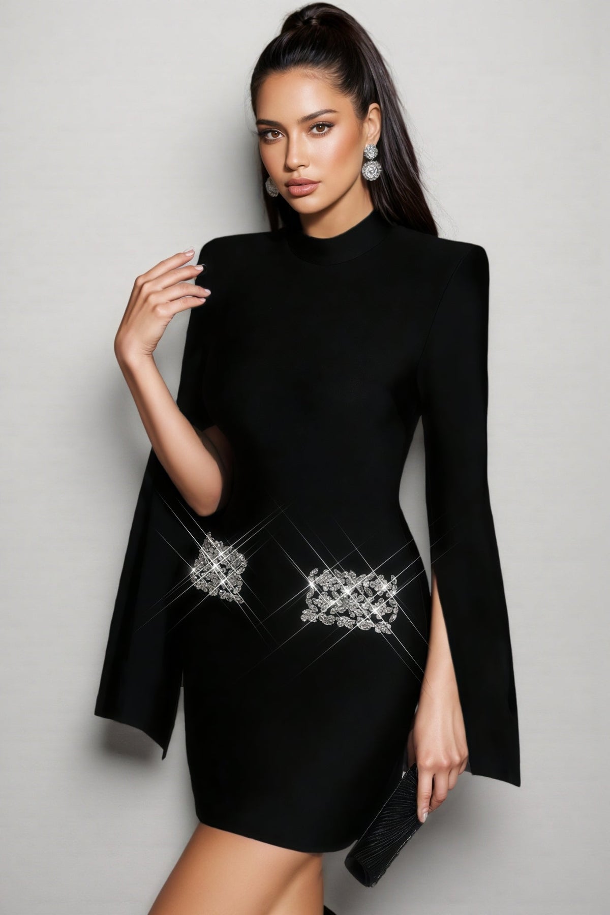 Rhinestone Waist Bandage Mock Neck Structured Bodycon Mini Dress - View 5