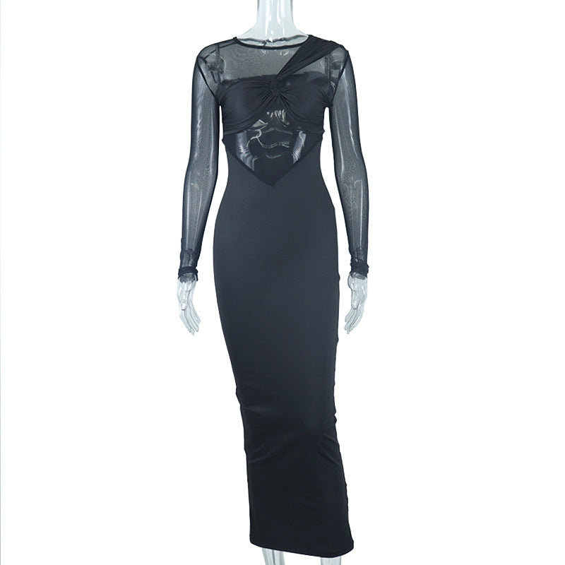 Mesh Long Sleeve Twist Bust Cut Out Bodycon Midi Dress - View 5