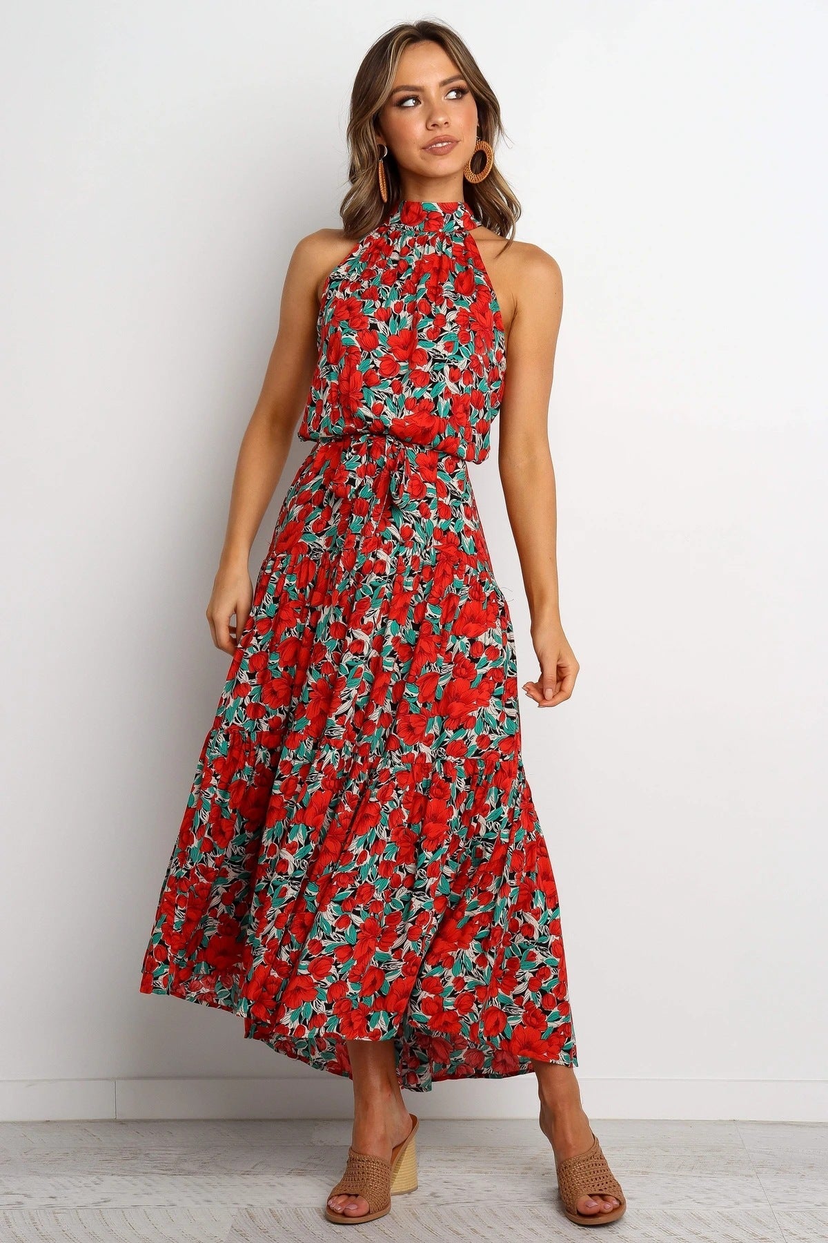 Floral Print Halter Neck Tiered Midi Dress
