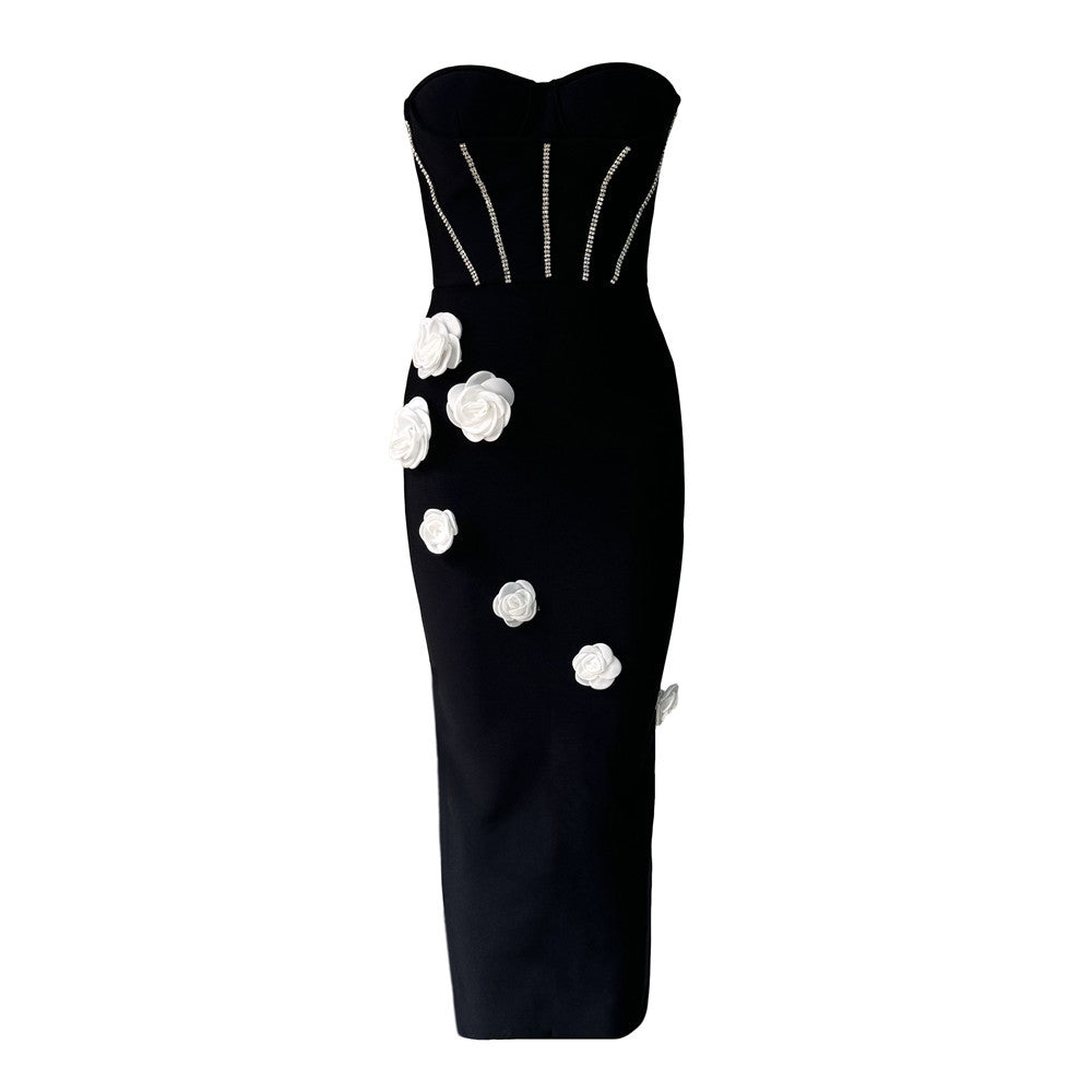 Rhinestone Bodice Strapless 3D Rose Applique Bandage Midi Dress - View 4