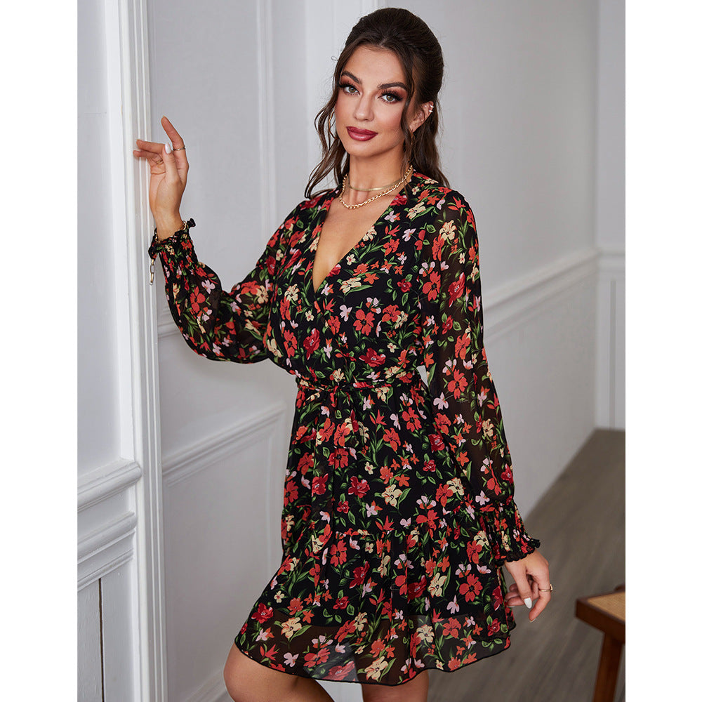 Floral Print V-Neck Long Sleeve Tiered Mini Dress