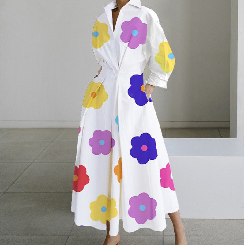 Newspaper Print Collared Long Sleeve Belted Pleated Maxi Shirt Dress 9