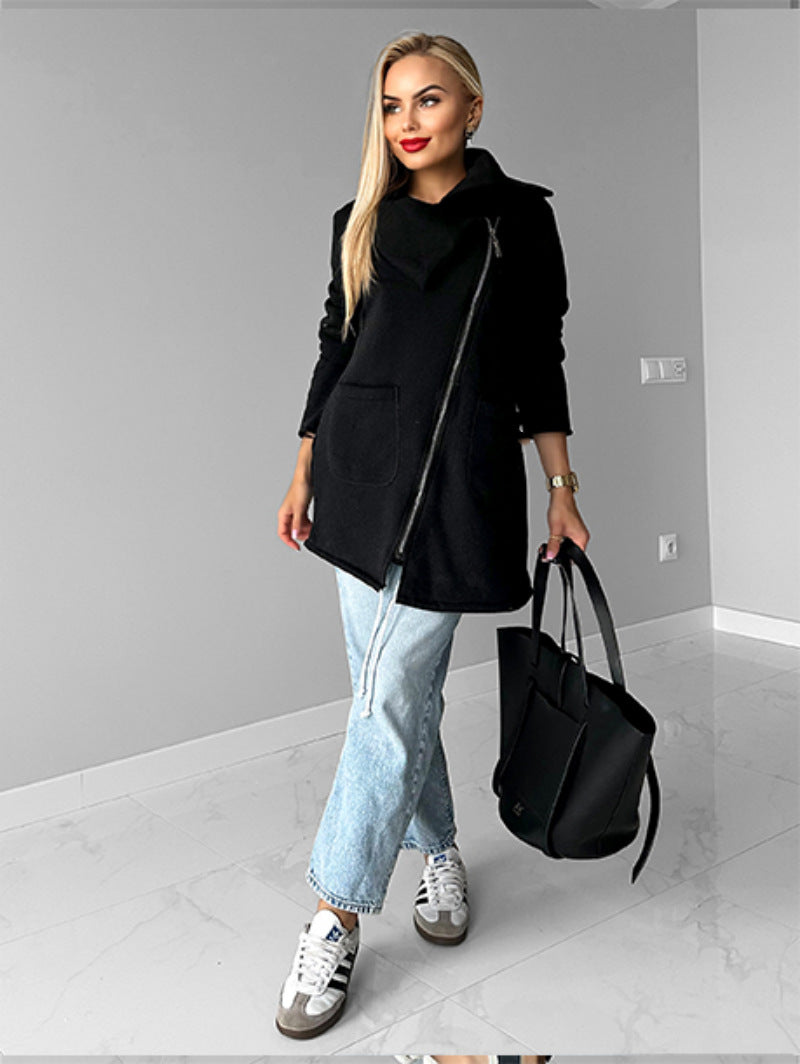 Lapel Mid-Length Fleece Jacket with Oblique Zipper Design