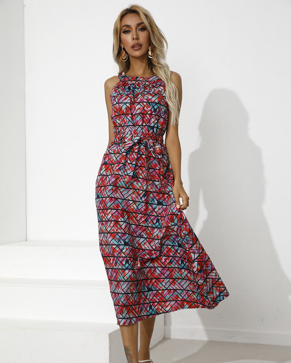 Abstract Print Sleeveless Tie Waist Midi Dress
