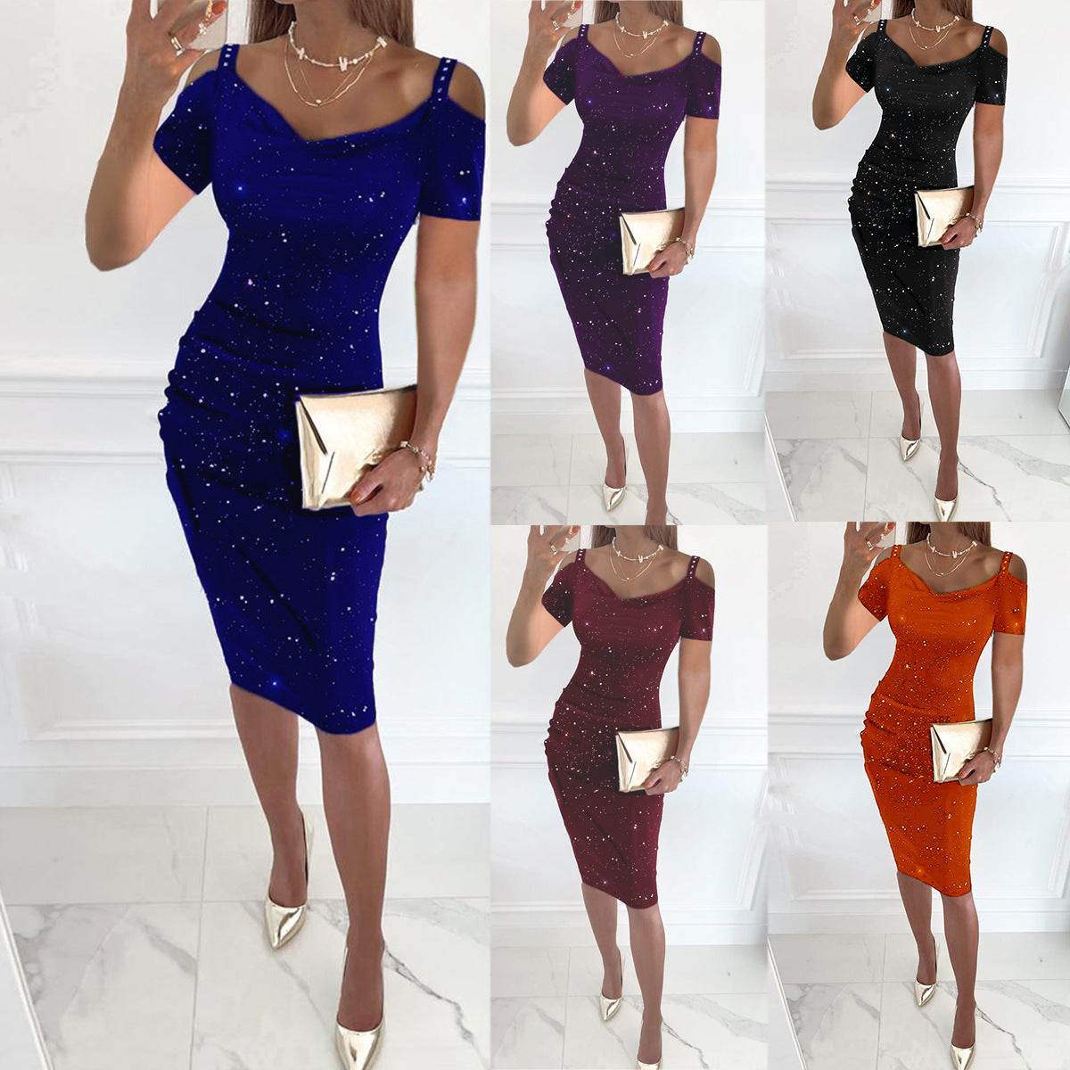 Glitter Cold Shoulder Short Sleeve Ruched Bodycon Midi Dress