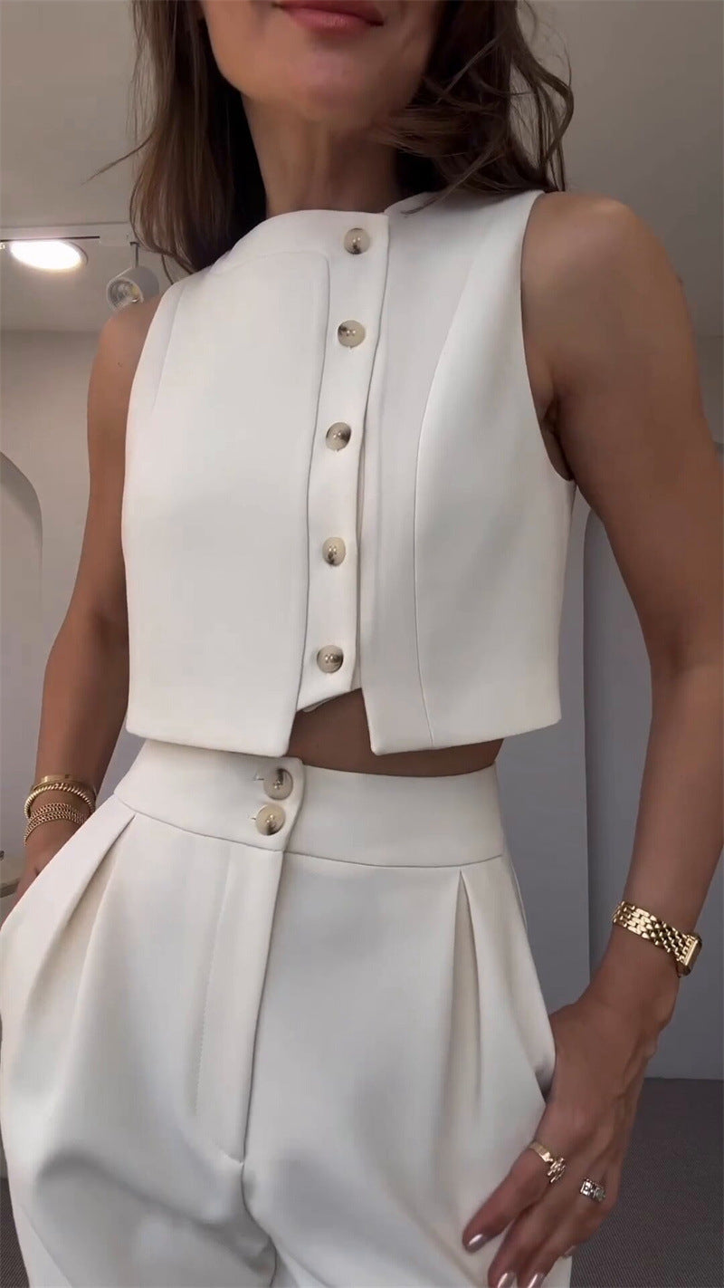 Chic Sleeveless Button-Down Coat with High-Waisted Pants Set