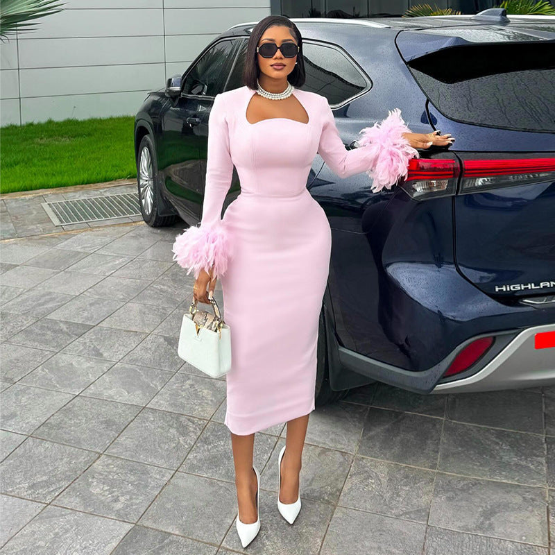 Sweet Fresh Square Collar Long Sleeve Feather Decoration Dress - View 3