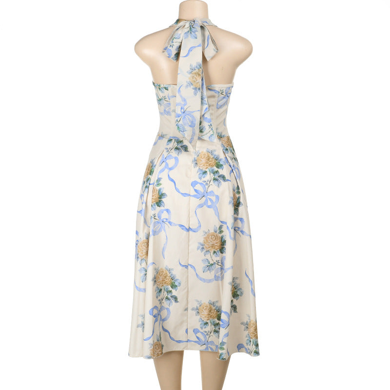 Floral Print Halter Neck Corset Bodice A-Line Midi Dress 7