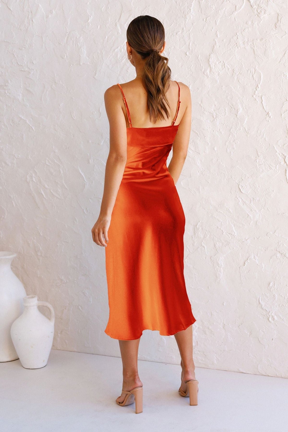 Satin Cowl Neck Sleeveless Slit Midi Dress