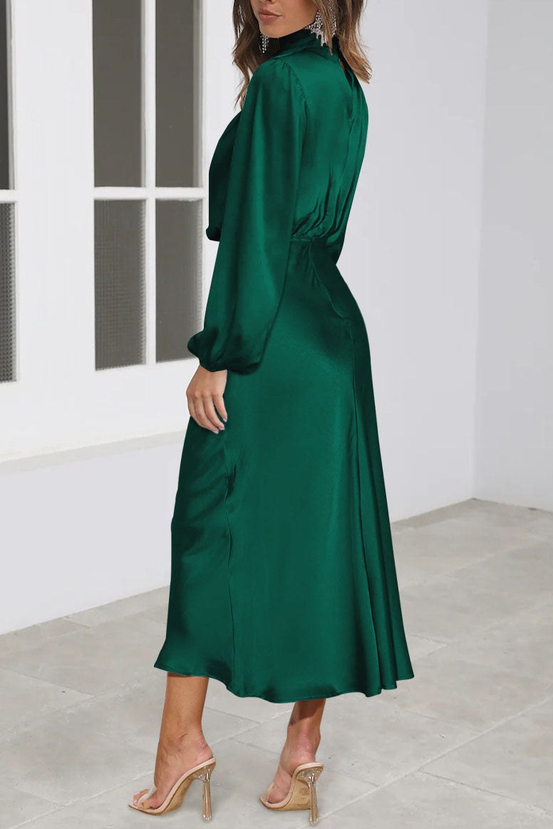 Chic Satin Long Sleeve Midi High Neck Dress - Fashionpara