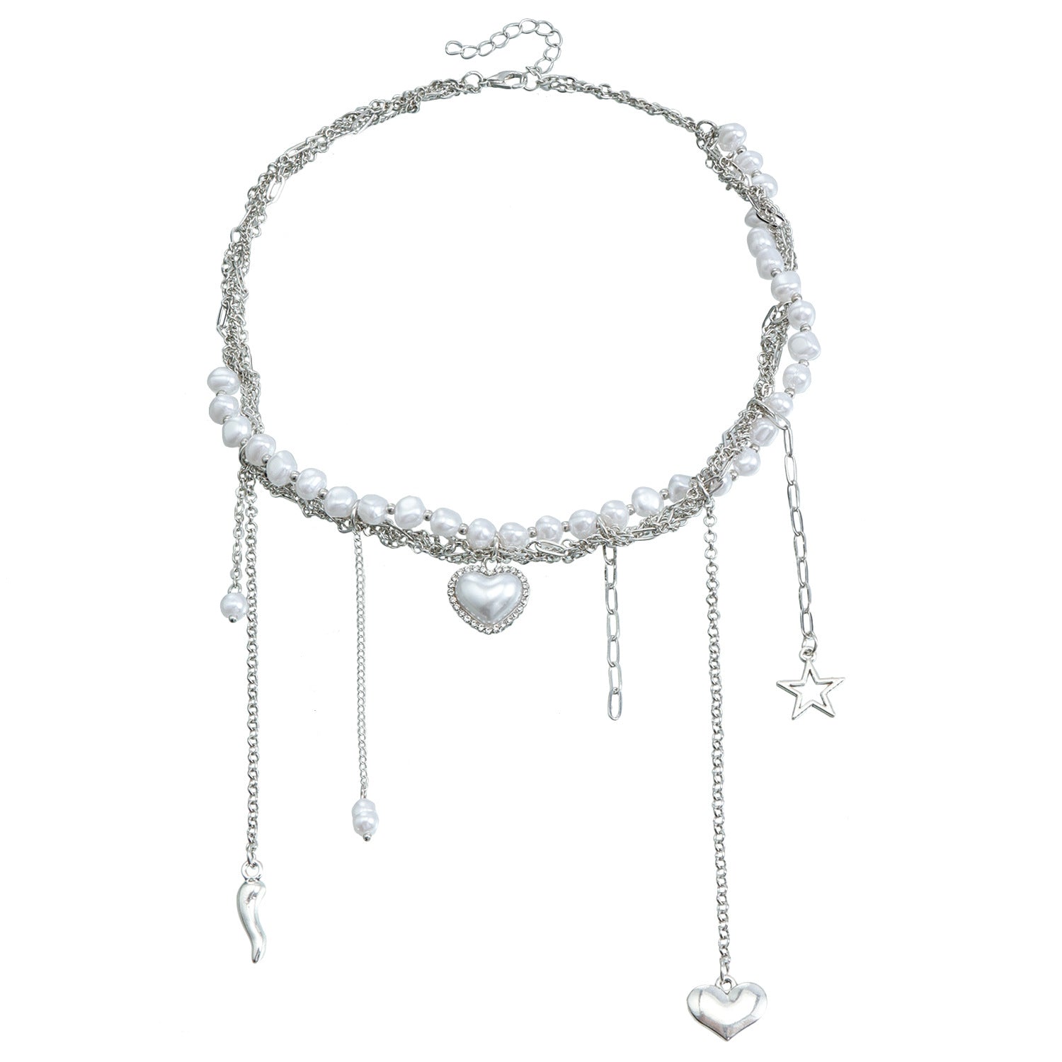 Multi-Layer Heart Tassel Pearl Star Pendant Necklace Steel Halloween