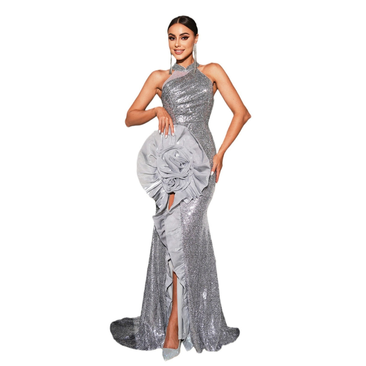Sequined Halter Rosette Ruffle Thigh-Split Mermaid Gown 7