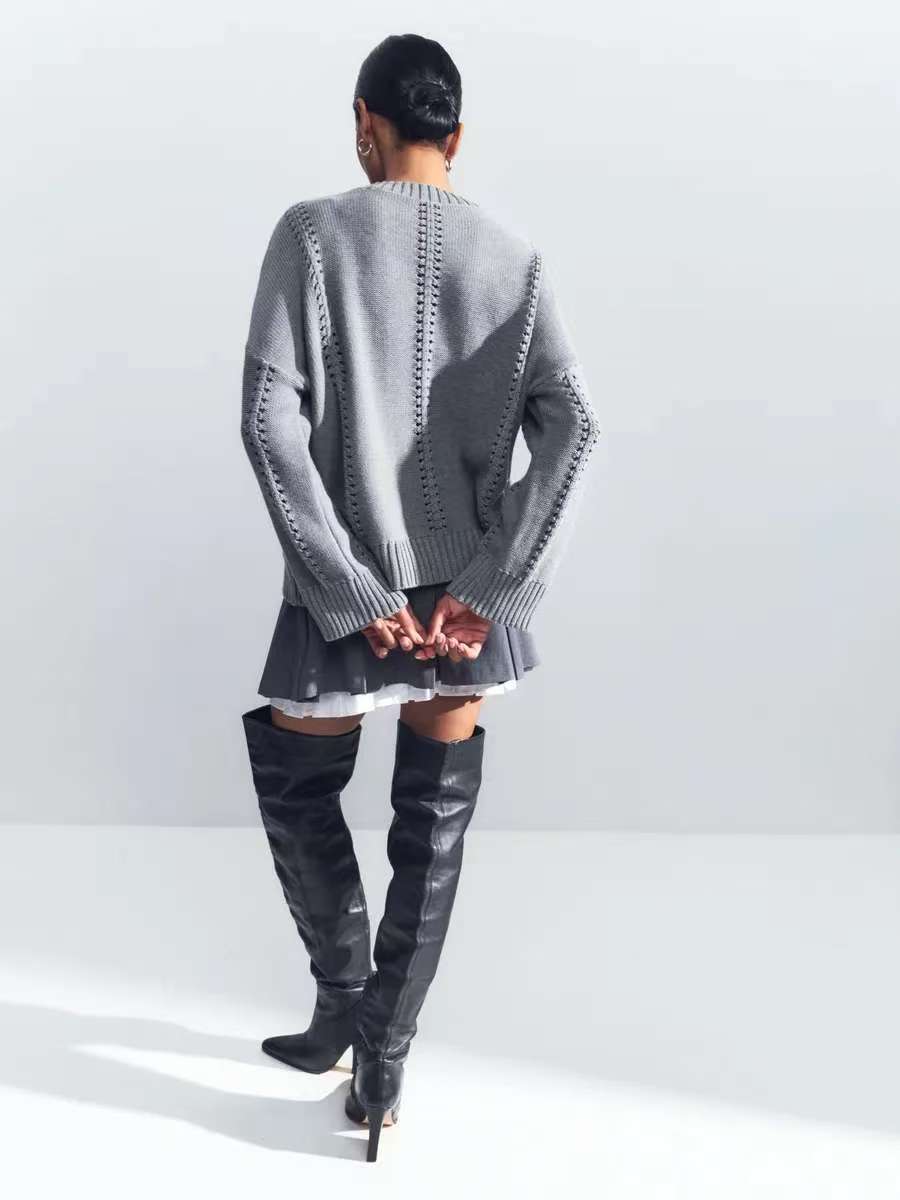 Hollow Knit Crewneck Sweater for Effortless Style and Comfort