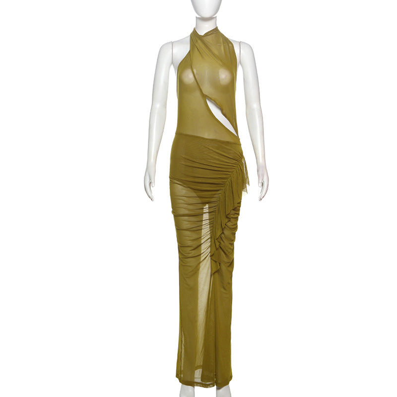 Irregular Asymmetric Design Pleated Lace up Backless Dress - View 5