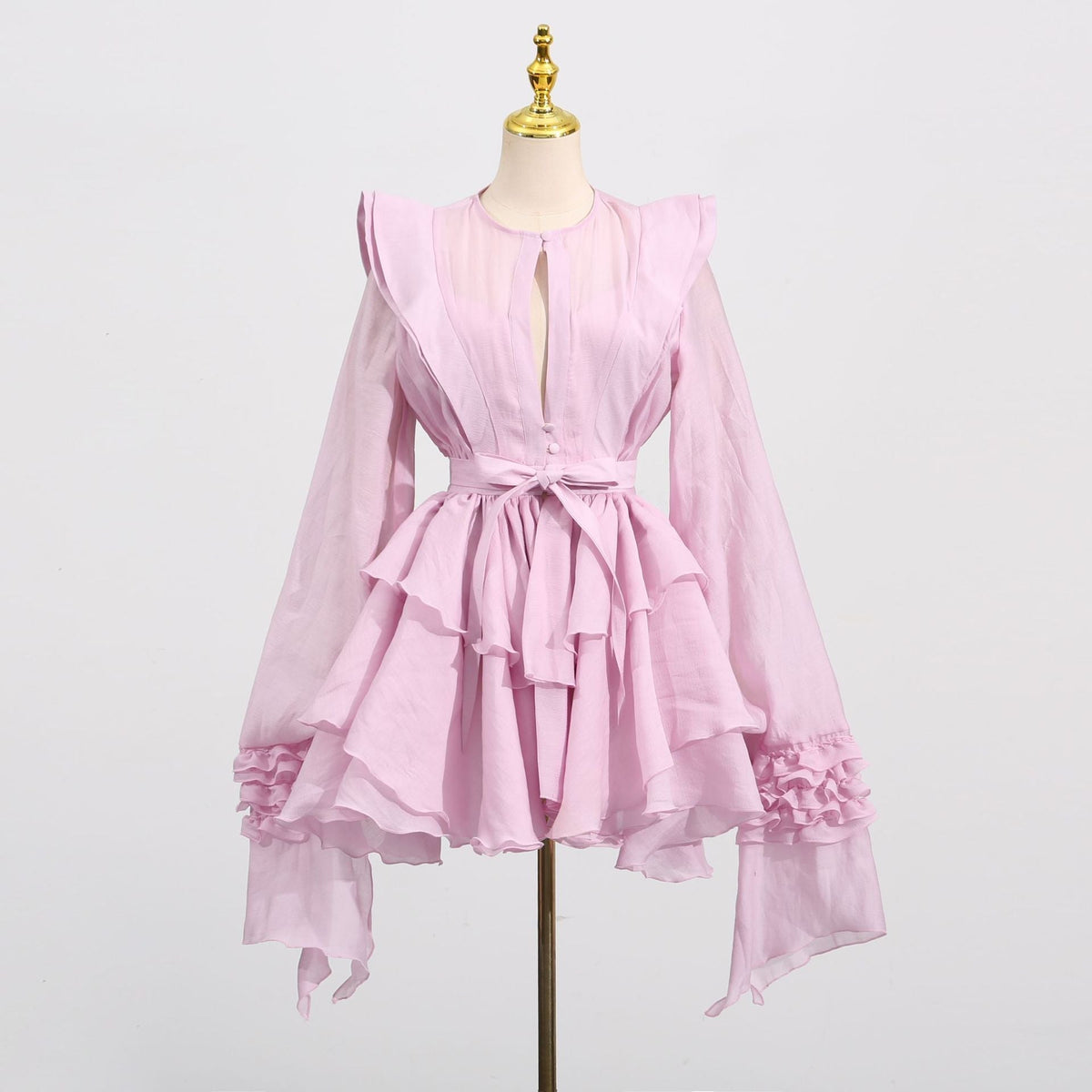 Chiffon Long Sleeve Tiered Ruffle Belted Mini Dress 2