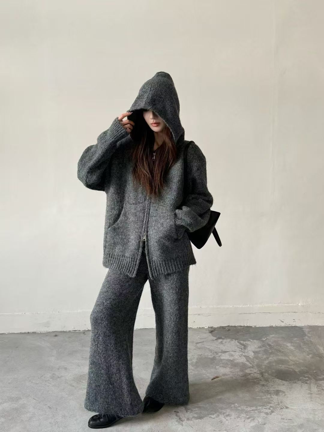 Thick Knit Hooded Cardigan and Wide-Leg Pants Set