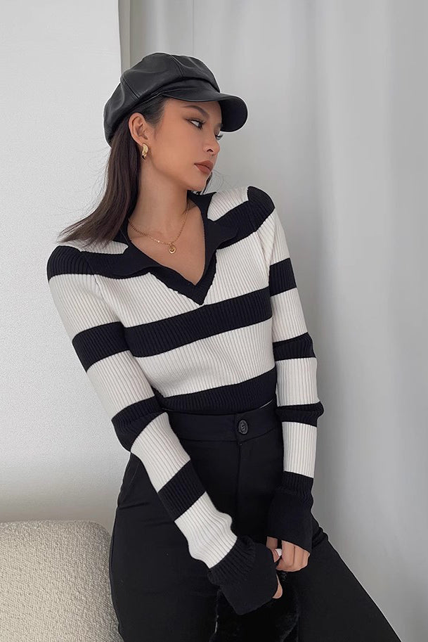 Ribbed Long Sleeve Striped Sweater for Effortless Style