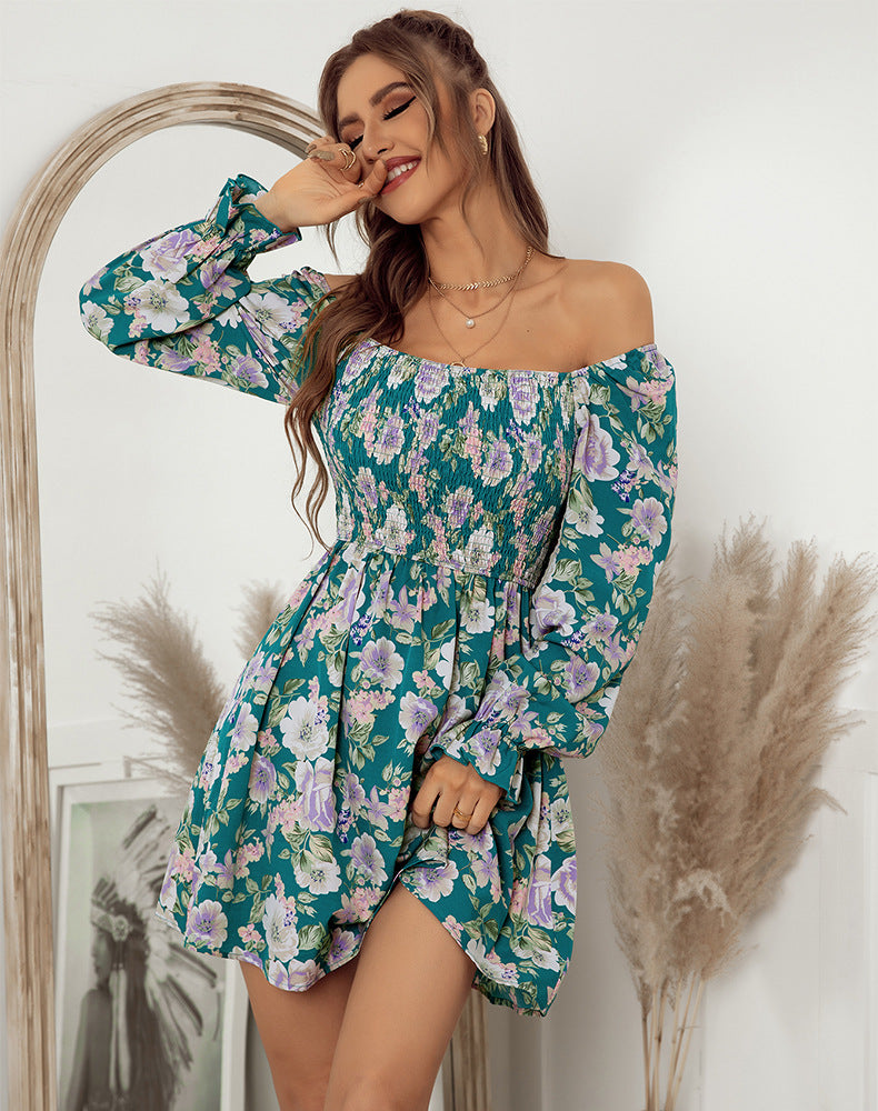 Floral Print Square Neck Long Sleeve Smocked Mini Dress