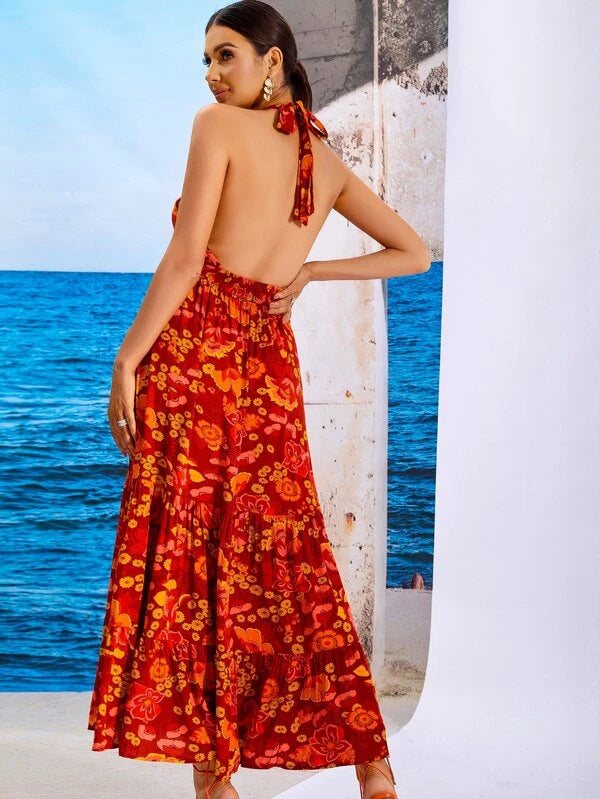 Plum Floral Backless Halter Mini Dress