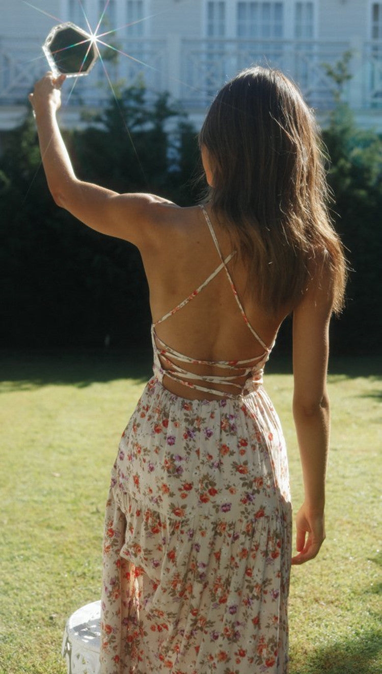Floral Print Halter Neck Tiered Maxi Dress