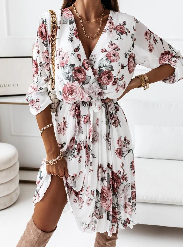 Floral Print V-Neck Long Sleeve Pleated Wrap Midi Dress