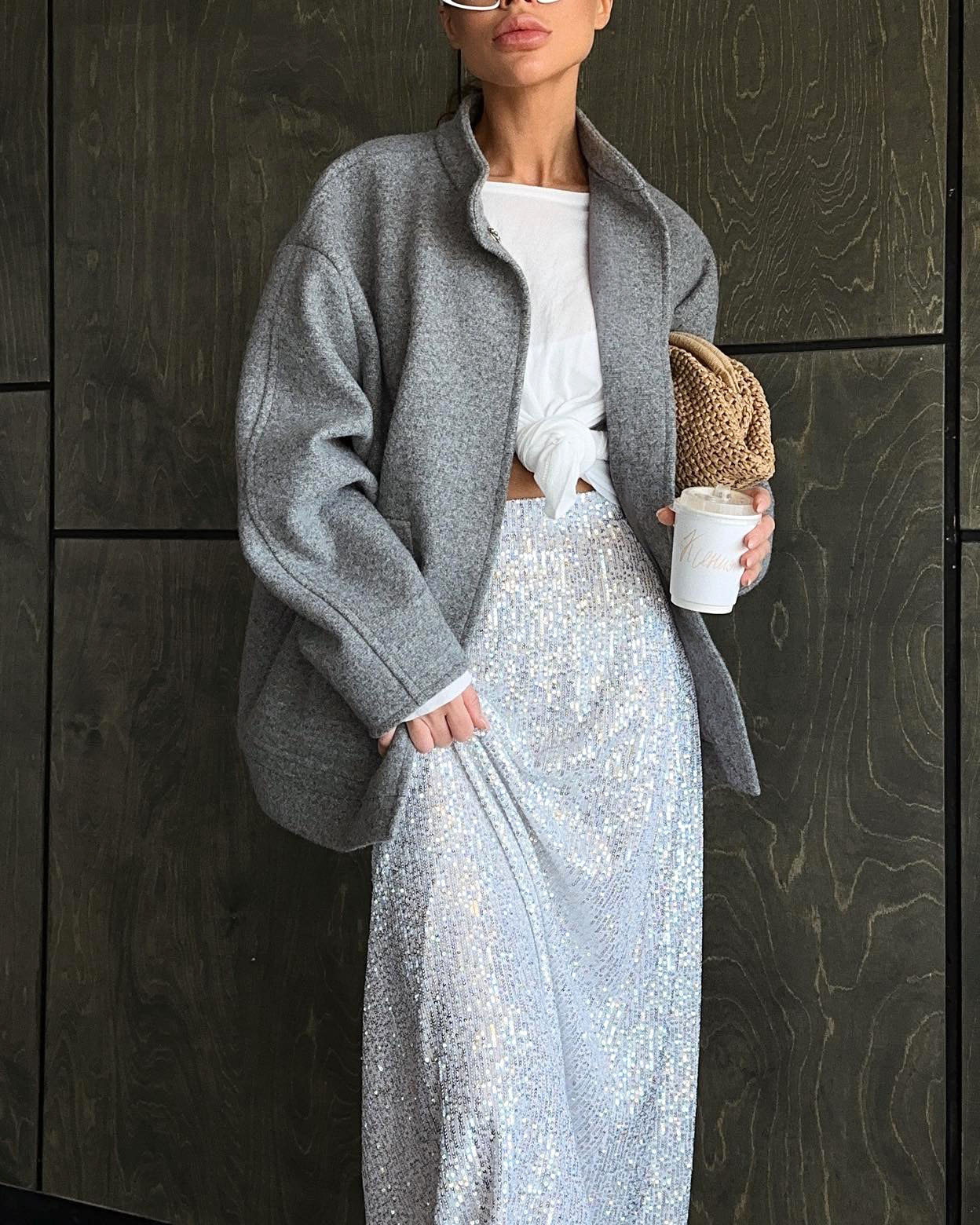 Chic Gray Oversized Wool Coat with Stand Collar for Elegance