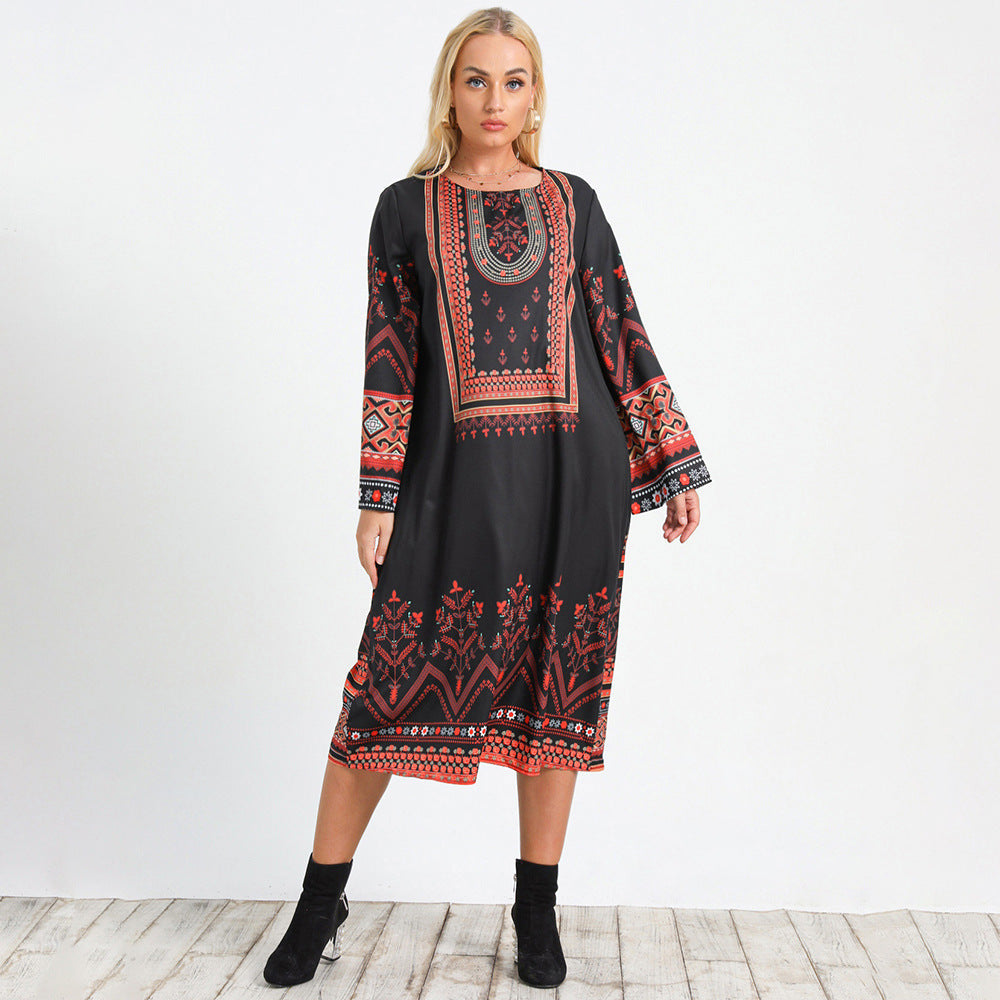 Boho Print Crew Neck Long Sleeve Shift Midi Dress