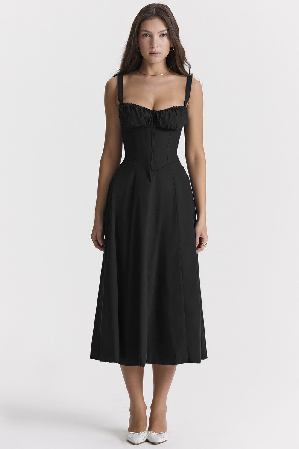 Floral Spaghetti Strap Ruched Fit and Flare Midi Dress 26