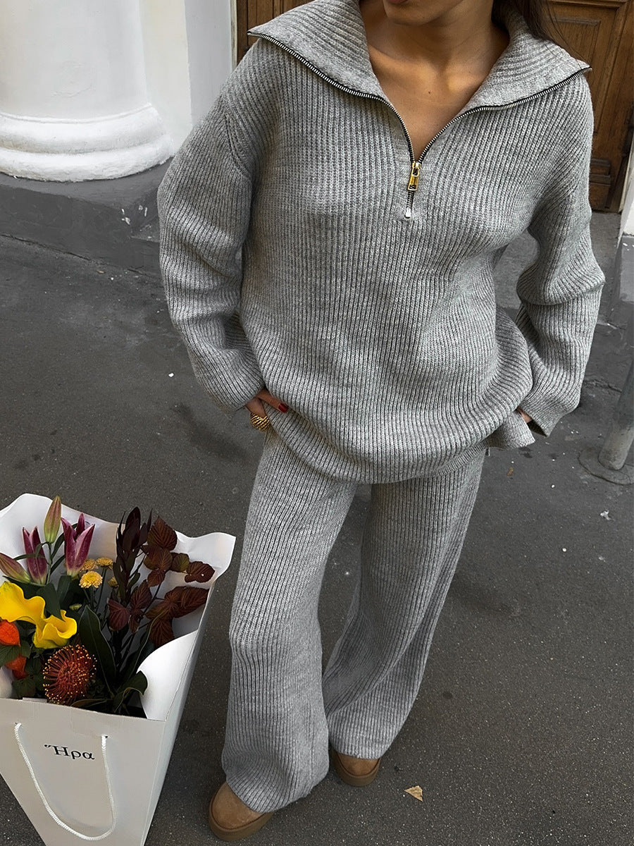 Cozy Lapel half-zip long-sleeved knit top and wide-leg pants set