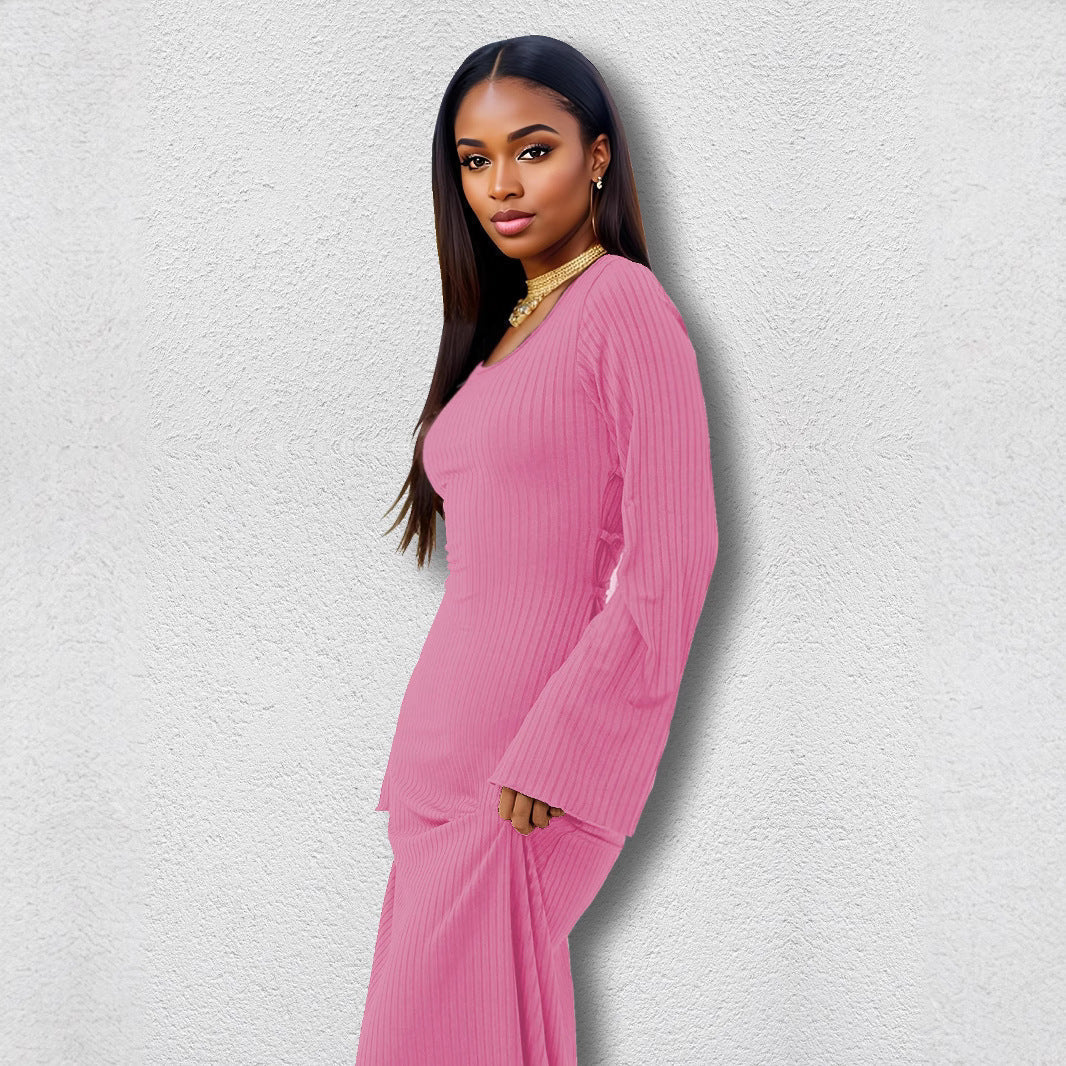 Ribbed Knit Scoop Neck Bell Sleeve Bodycon Maxi Dress - View 3