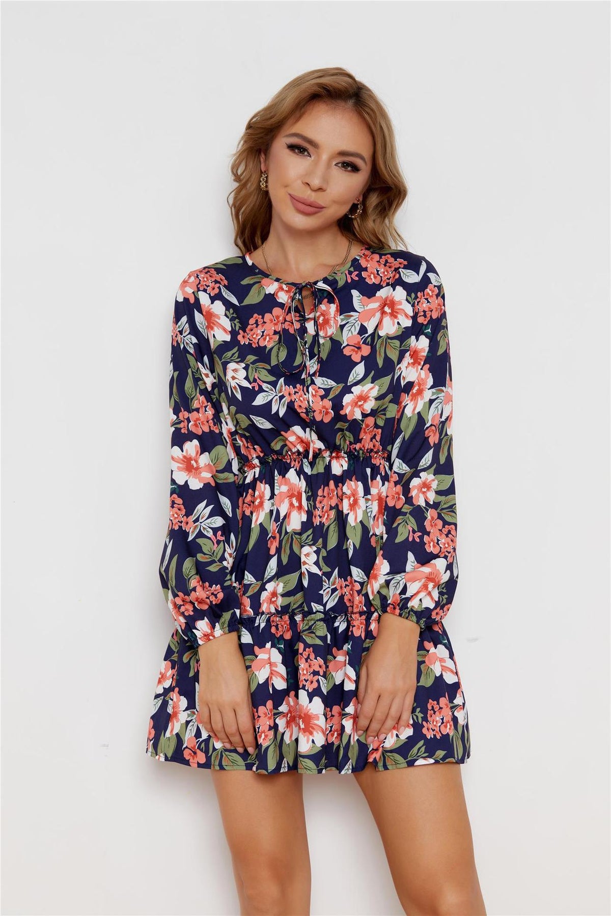 Floral Print Tie Neck Long Sleeve Tiered Mini Dress
