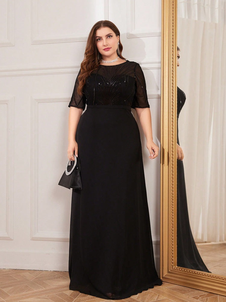 plus Size Short Sleeve Dress Maxi Dress Sequin Chiffon Slim Fishtail Bridesmaid Cocktail Evening Dress - Fashionpara